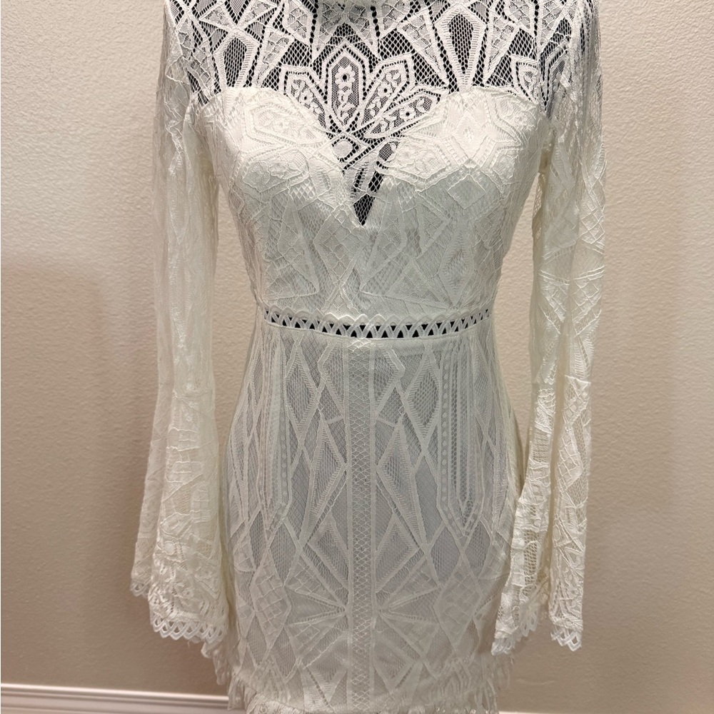 White Long-Sleeve Lace Sheath Dress - Classic Feminine Style bell sleeves bridal